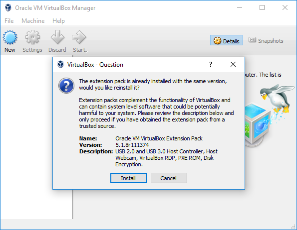 VirtualBox Installation Extension Install